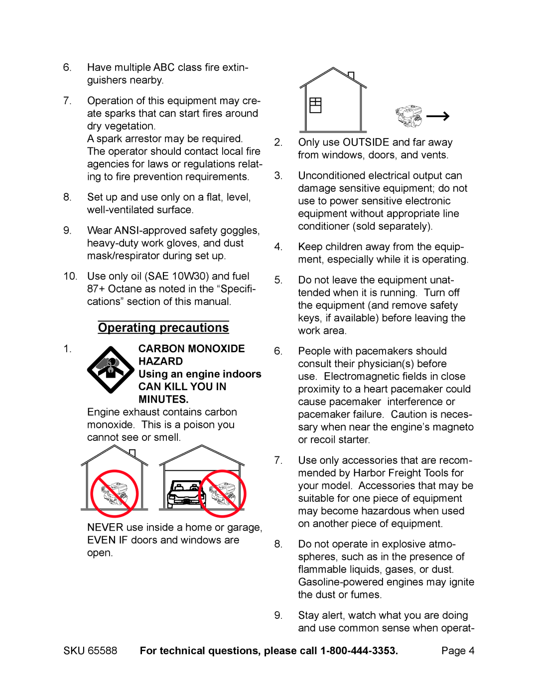 Chicago Electric 65588 manual Operating precautions, Carbon Monoxide Hazard Using an engine indoors 