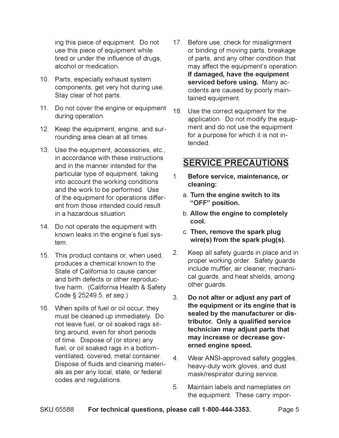 Chicago Electric 65588 manual Service precautions 