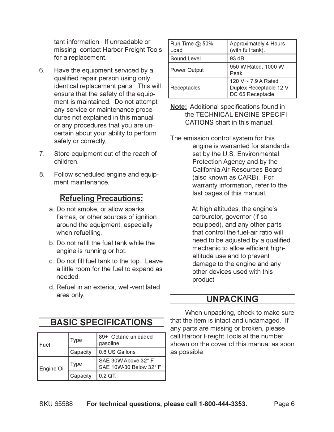 Chicago Electric 65588 manual Basic Specifications, Unpacking, Refueling Precautions 