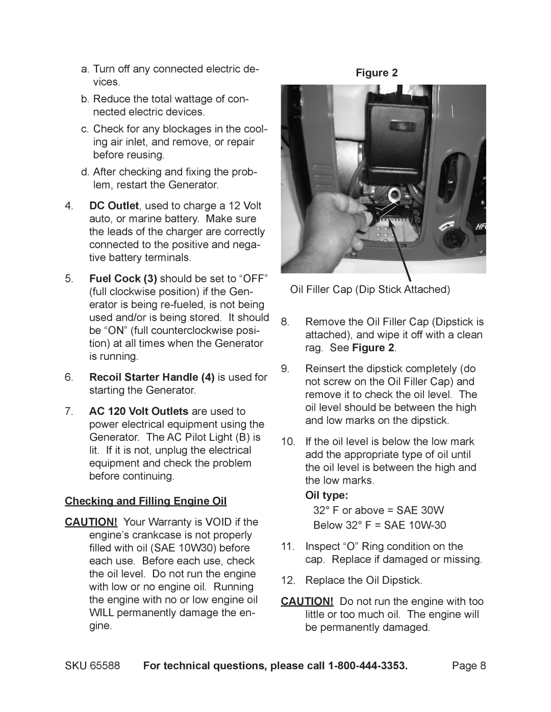 Chicago Electric 65588 manual Checking and Filling Engine Oil, Oil type 