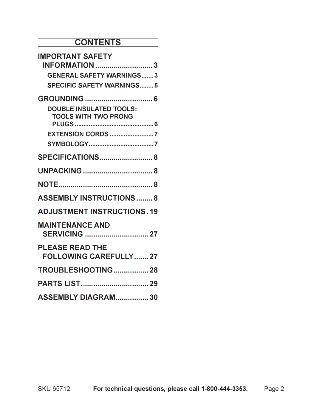 Chicago Electric 65712 manual Contents 