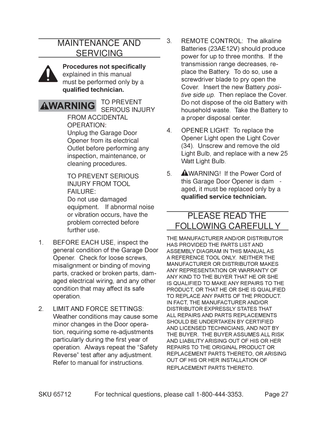 Chicago Electric 65712 manual Maintenance Servicing, Please Read Following Carefully 