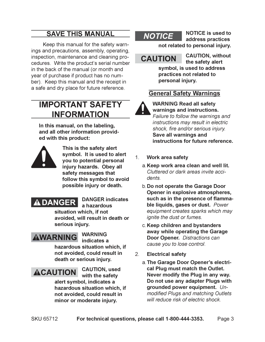 Chicago Electric 65712 manual Important Safety Information, Save This Manual 