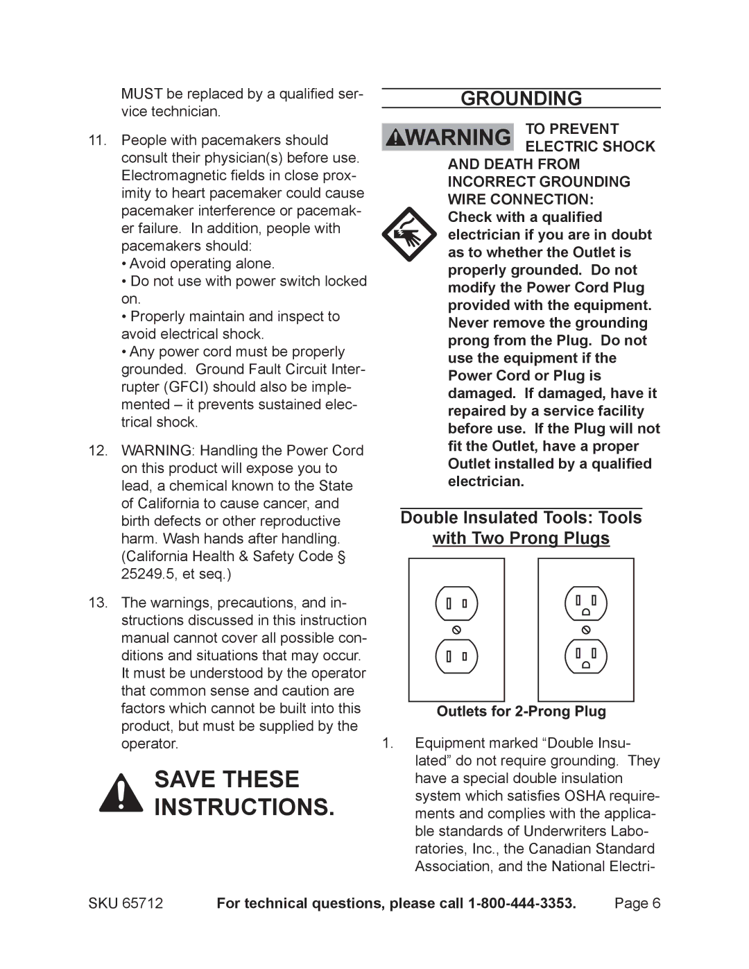 Chicago Electric 65712 manual Grounding, Double Insulated Tools Tools With Two Prong Plugs 