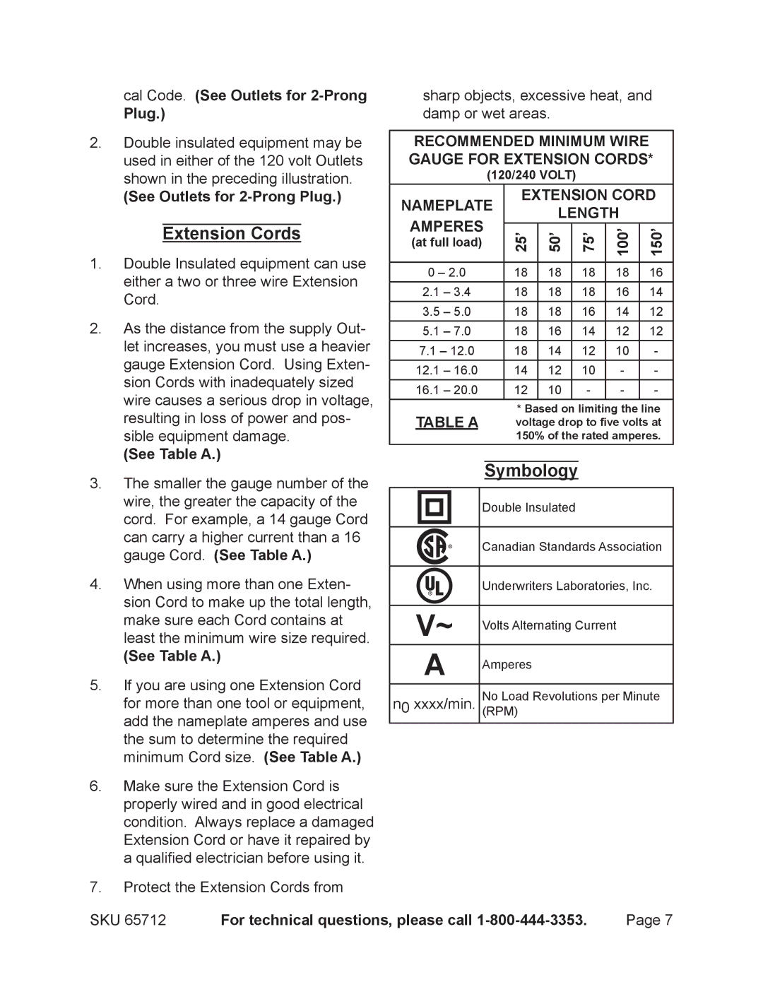 Chicago Electric 65712 manual Cal Code. See Outlets for 2-Prong Plug, See Table a, 25’ 50’ 75’ 