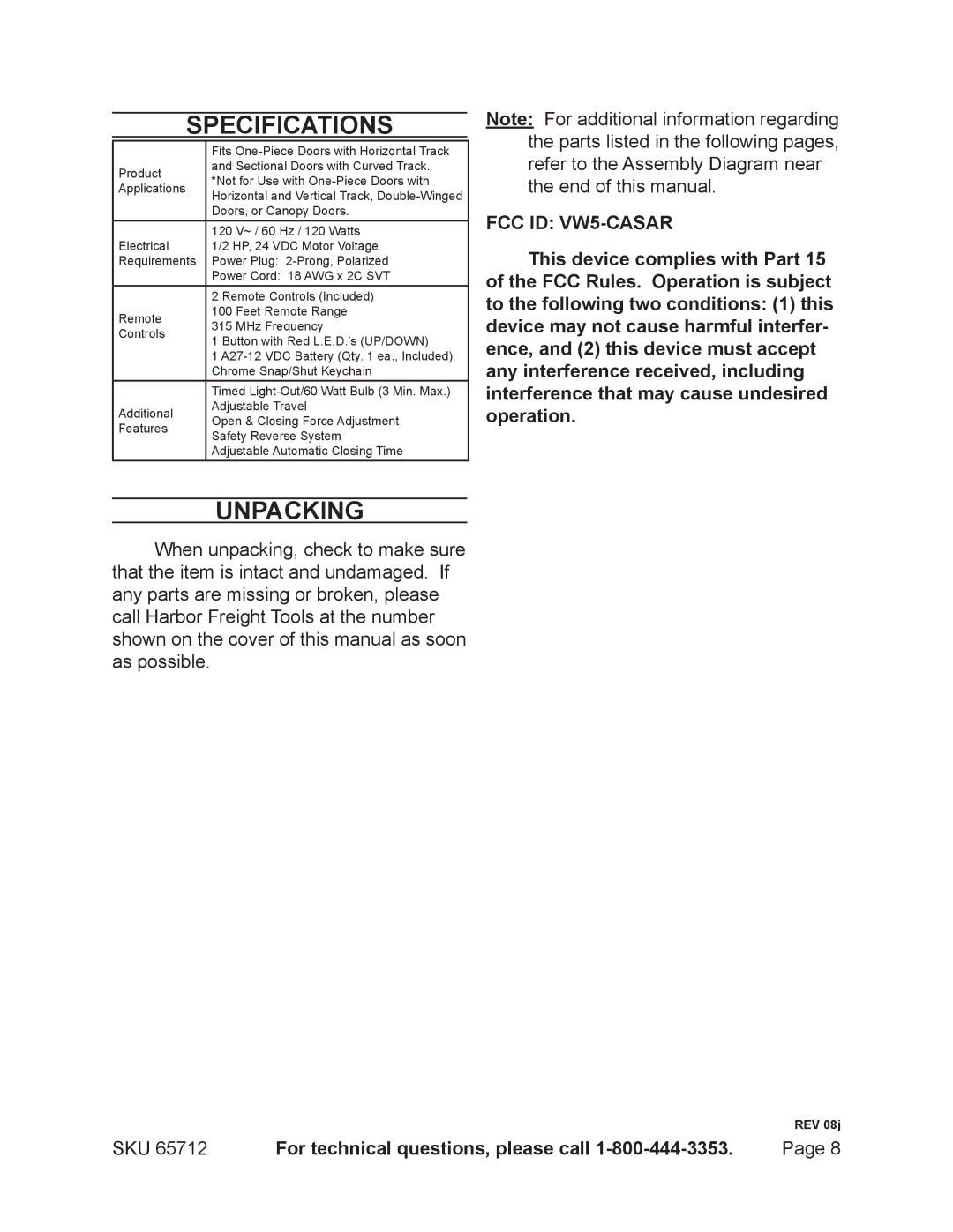 Chicago Electric 65712 manual Specifications, Unpacking 