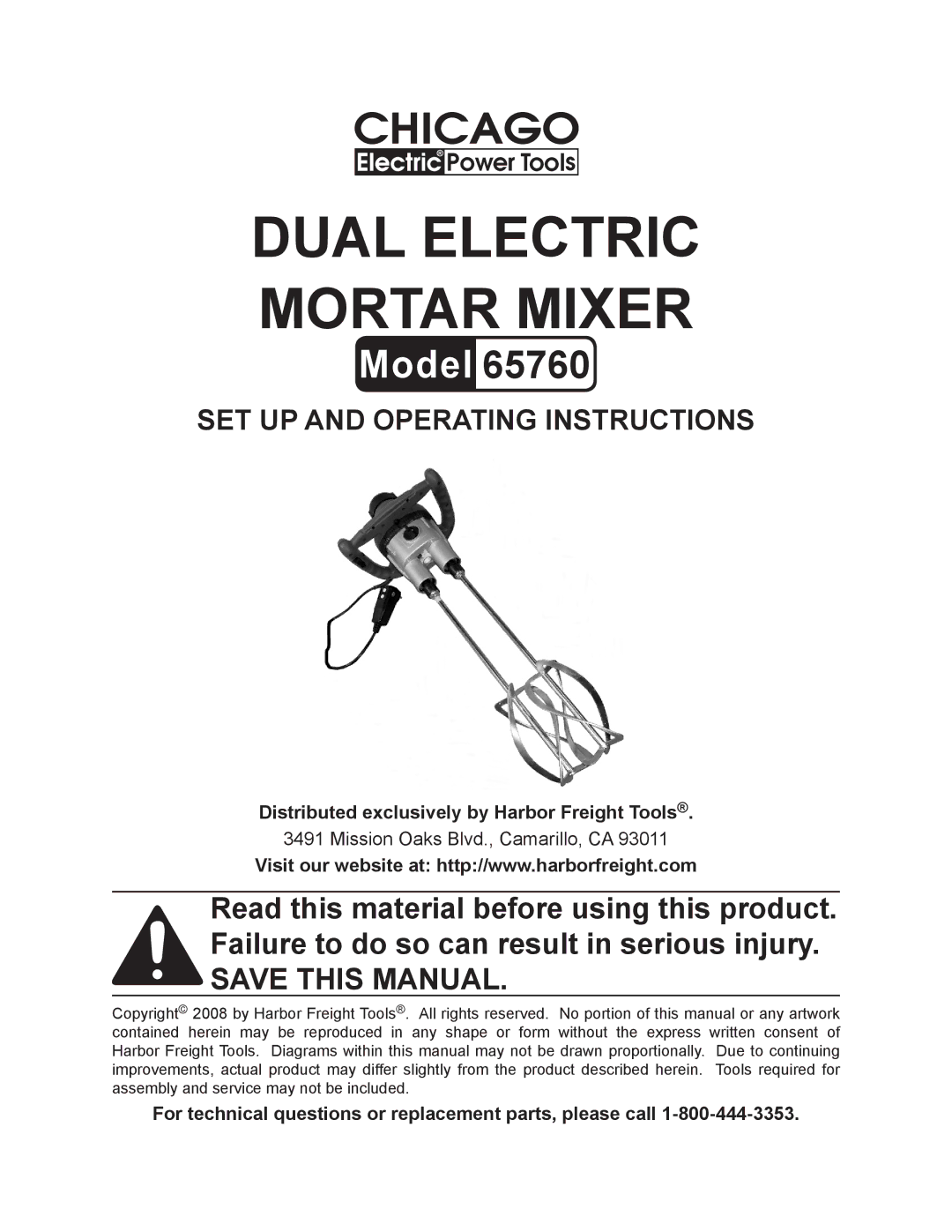 Chicago Electric 65760 manual Dual electric mortar mixer 