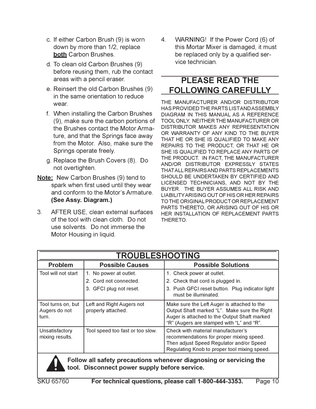 Chicago Electric 65760 manual Please Read Following Carefully, Troubleshooting 