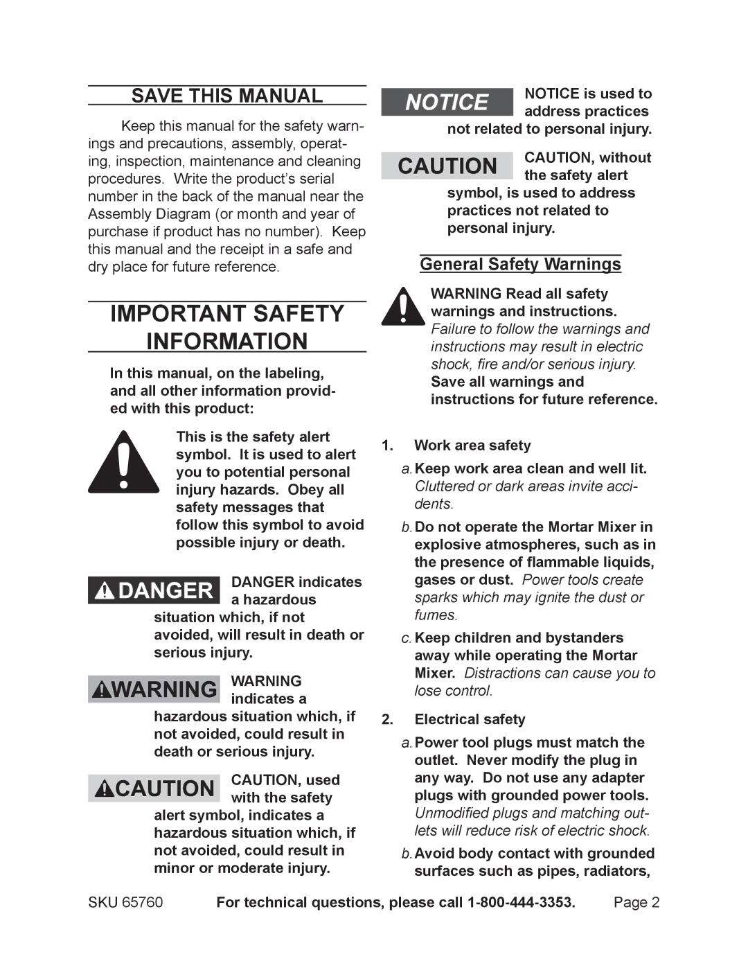Chicago Electric 65760 manual Save This Manual, General Safety Warnings 