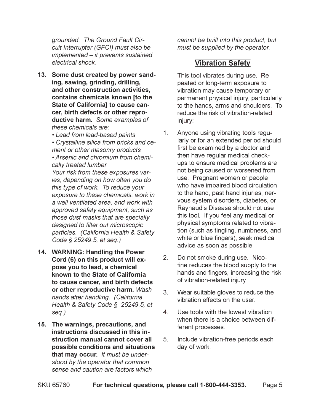 Chicago Electric 65760 manual Vibration Safety 