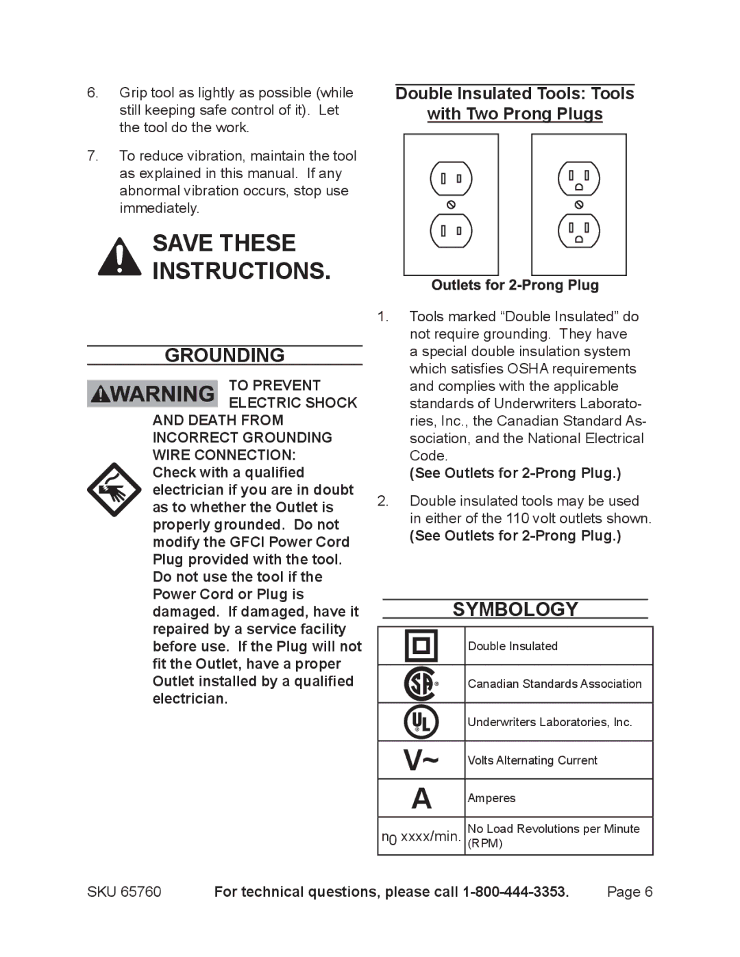 Chicago Electric 65760 manual Grounding, Symbology, Double Insulated Tools Tools With Two Prong Plugs 