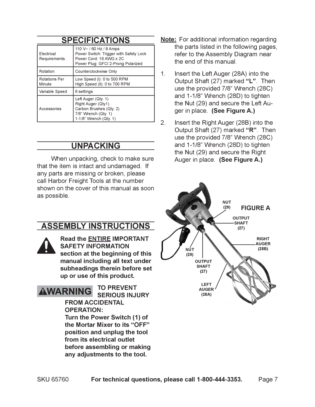 Chicago Electric 65760 manual Specifications, Unpacking, Assembly Instructions 