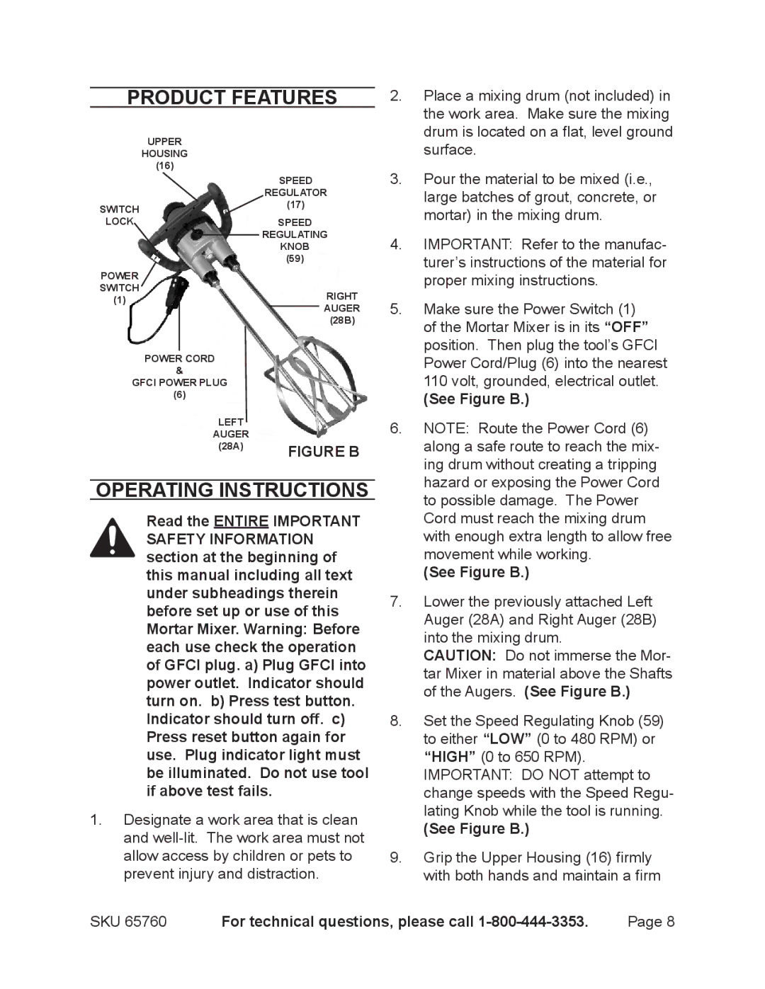 Chicago Electric 65760 manual Product Features, Operating Instructions 