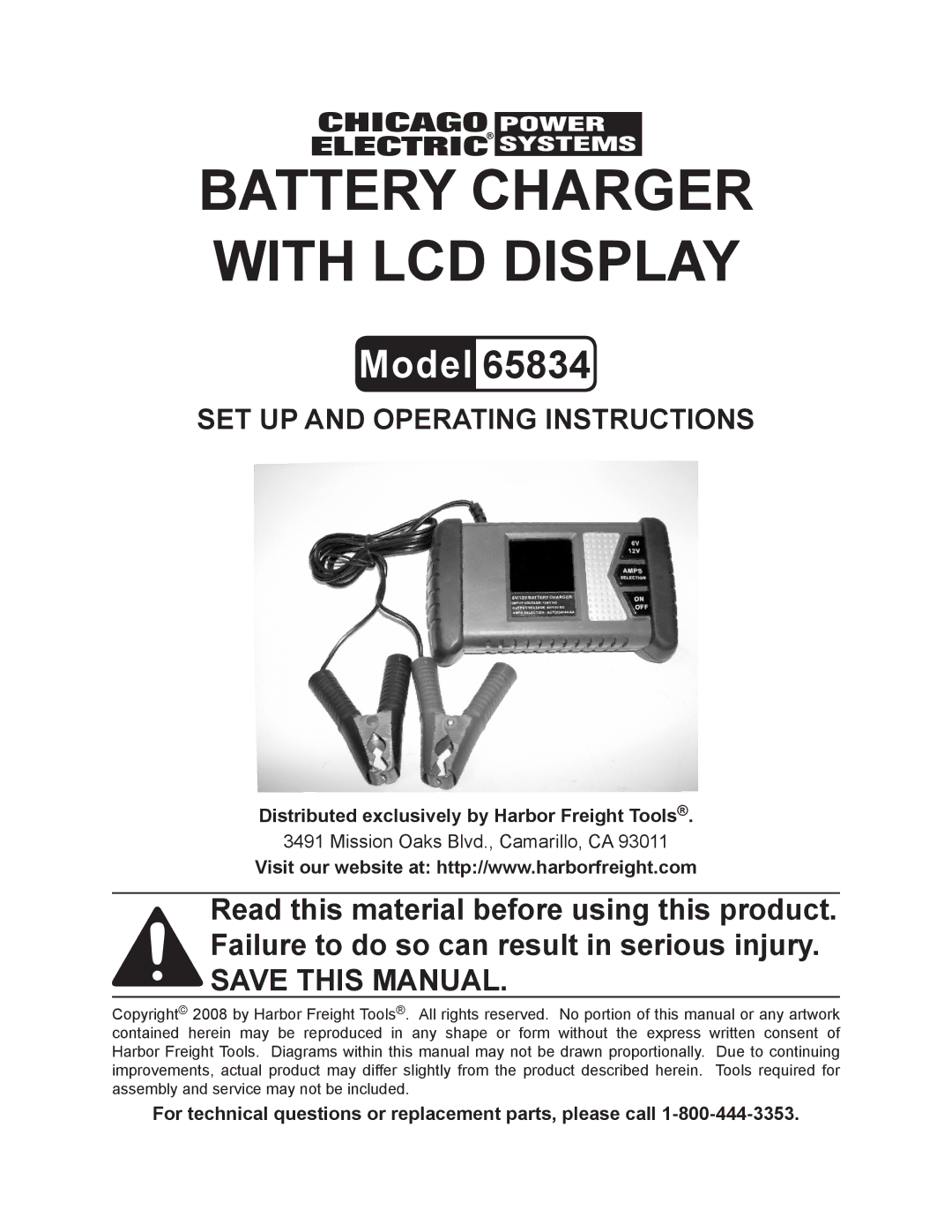 Chicago Electric 65834 operating instructions Distributed exclusively by Harbor Freight Tools 