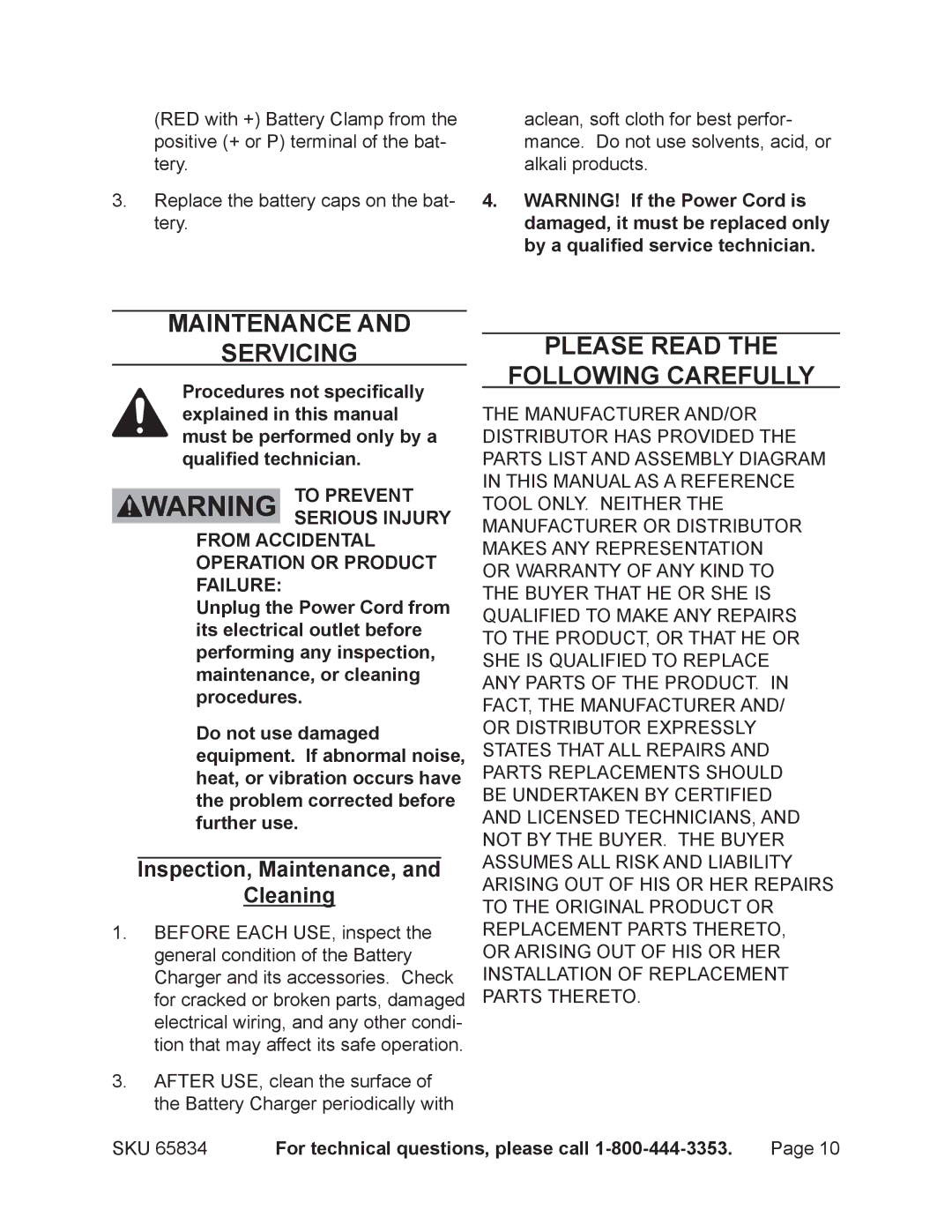 Chicago Electric 65834 Maintenance Servicing, Please Read Following Carefully, Inspection, Maintenance, Cleaning 