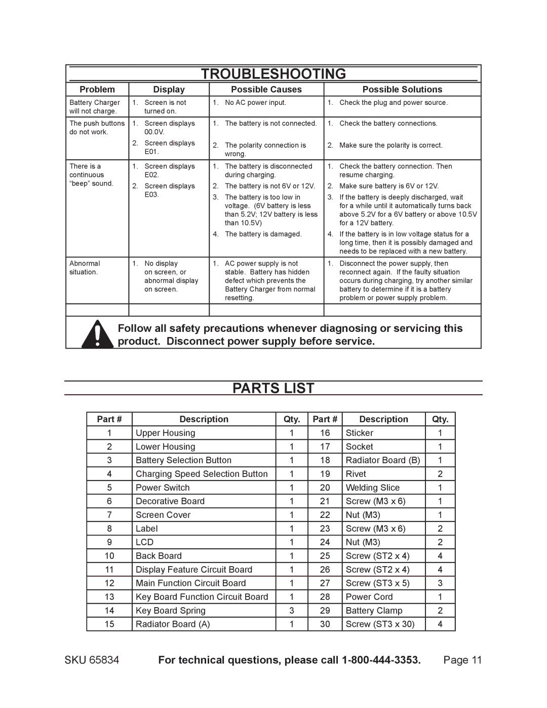 Chicago Electric 65834 operating instructions Troubleshooting, Parts List, SKU For technical questions, please call 