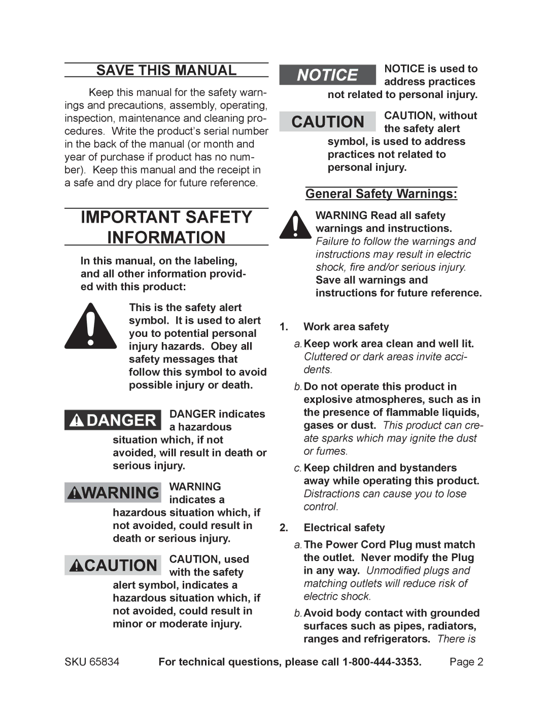 Chicago Electric 65834 Save This Manual, General Safety Warnings, For technical questions, please call 