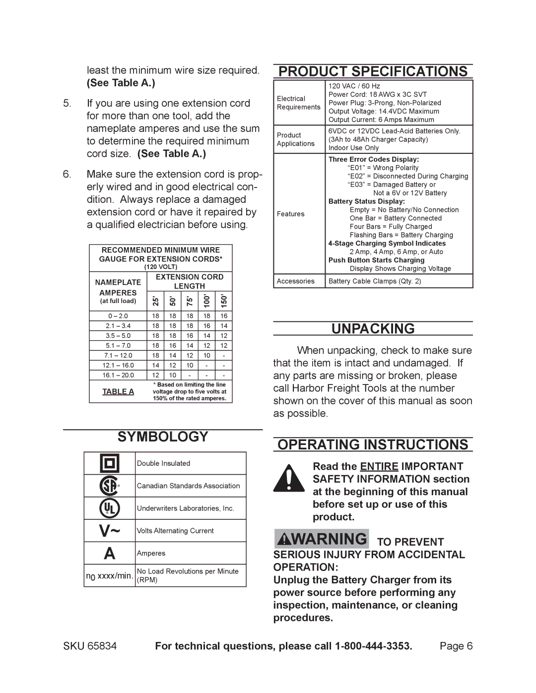 Chicago Electric 65834 operating instructions Product Specifications, Unpacking, Symbology, Operating Instructions 