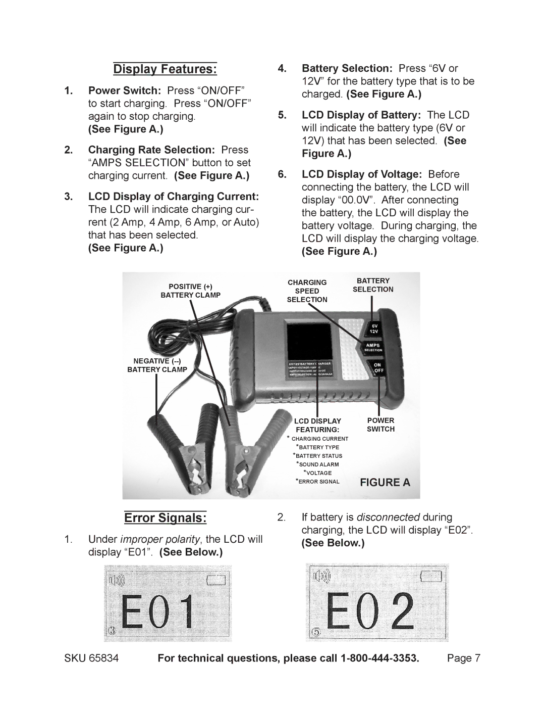 Chicago Electric 65834 operating instructions Display Features, Error Signals, See Figure a, See Below 