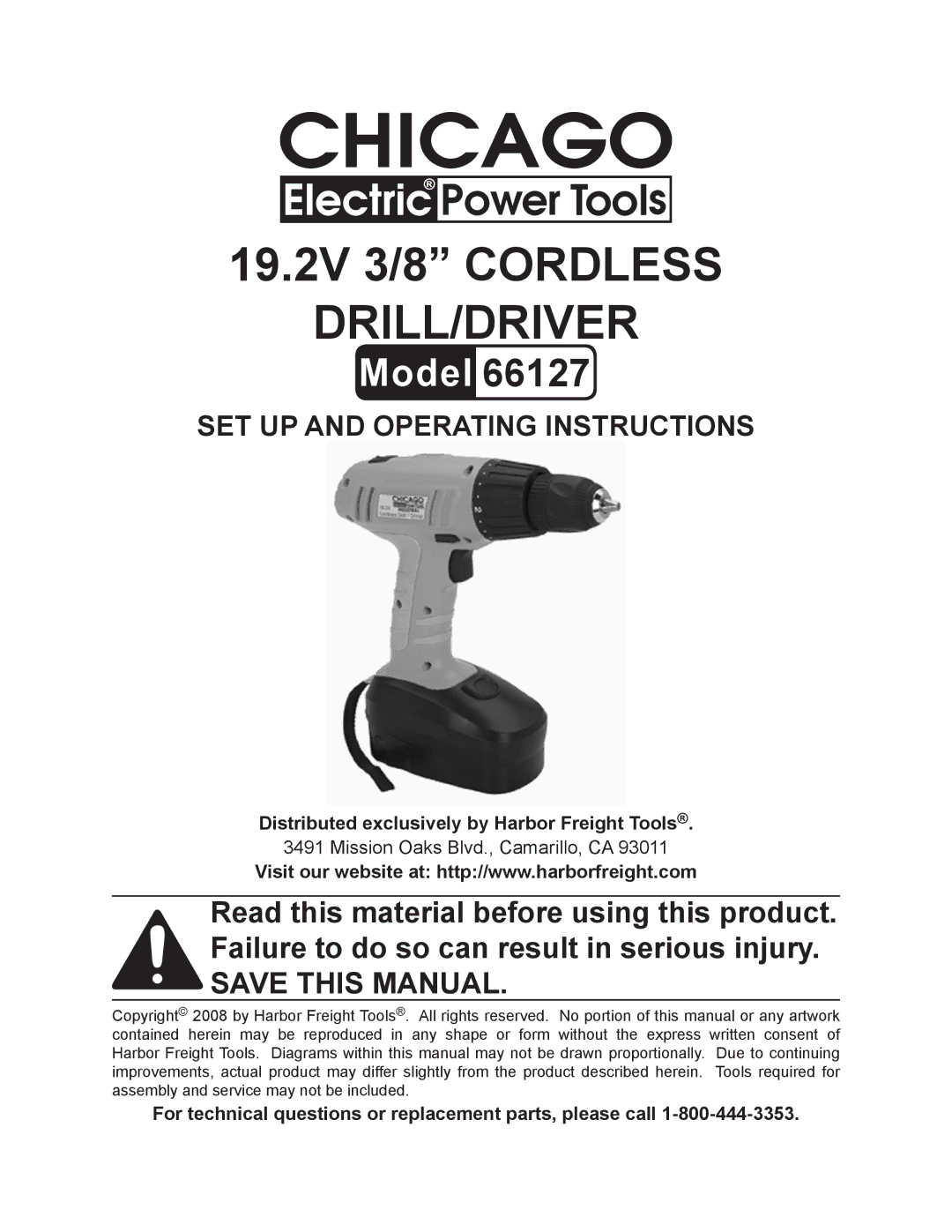 Chicago Electric 66127 operating instructions 19.2V 3/8 cordless Drill/driver 