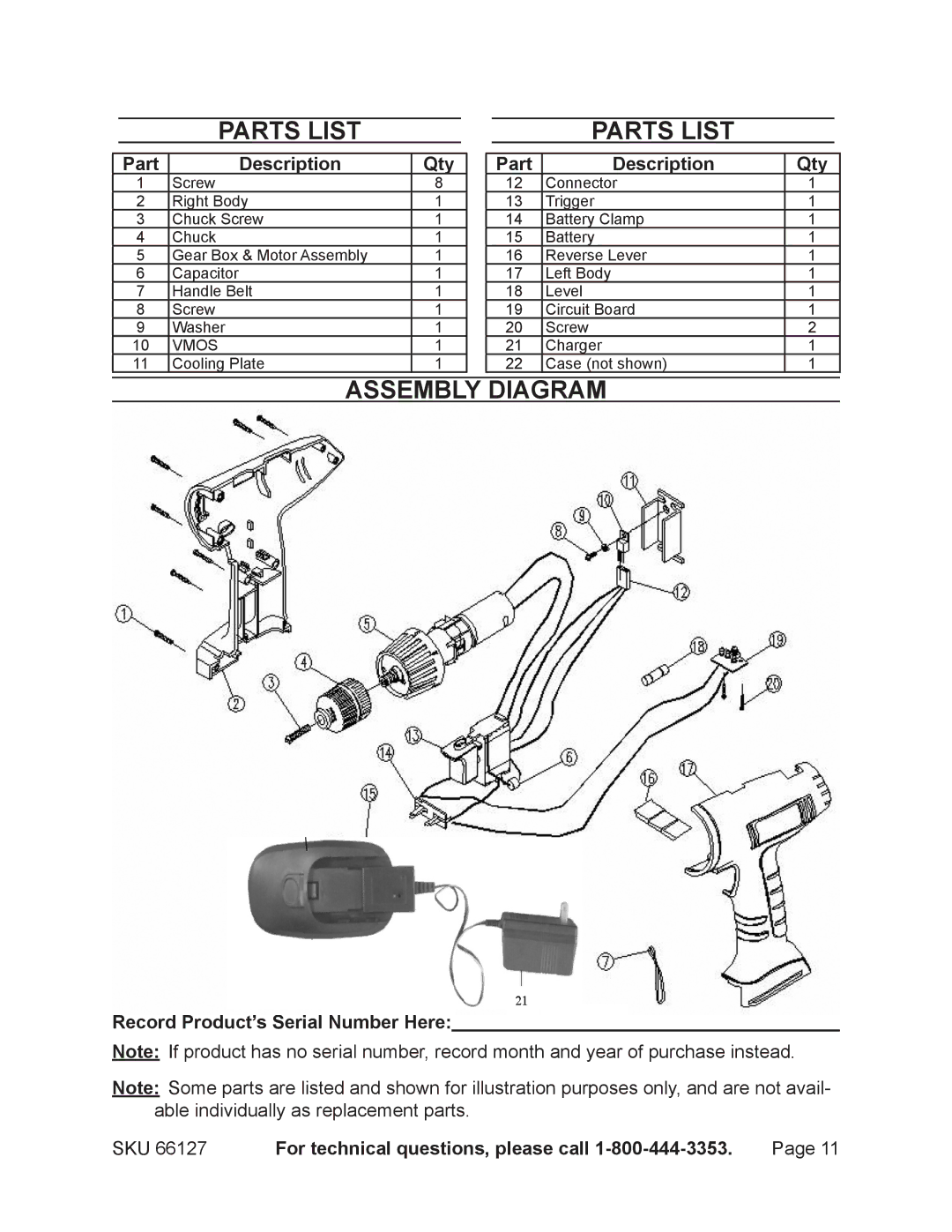 Chicago Electric 66127 operating instructions Parts List, Part Description Qty 