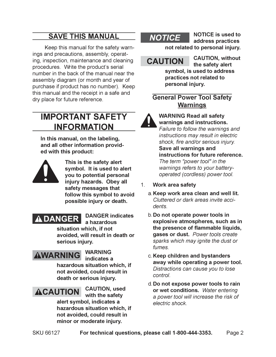 Chicago Electric 66127 operating instructions Save This Manual, General Power Tool Safety 