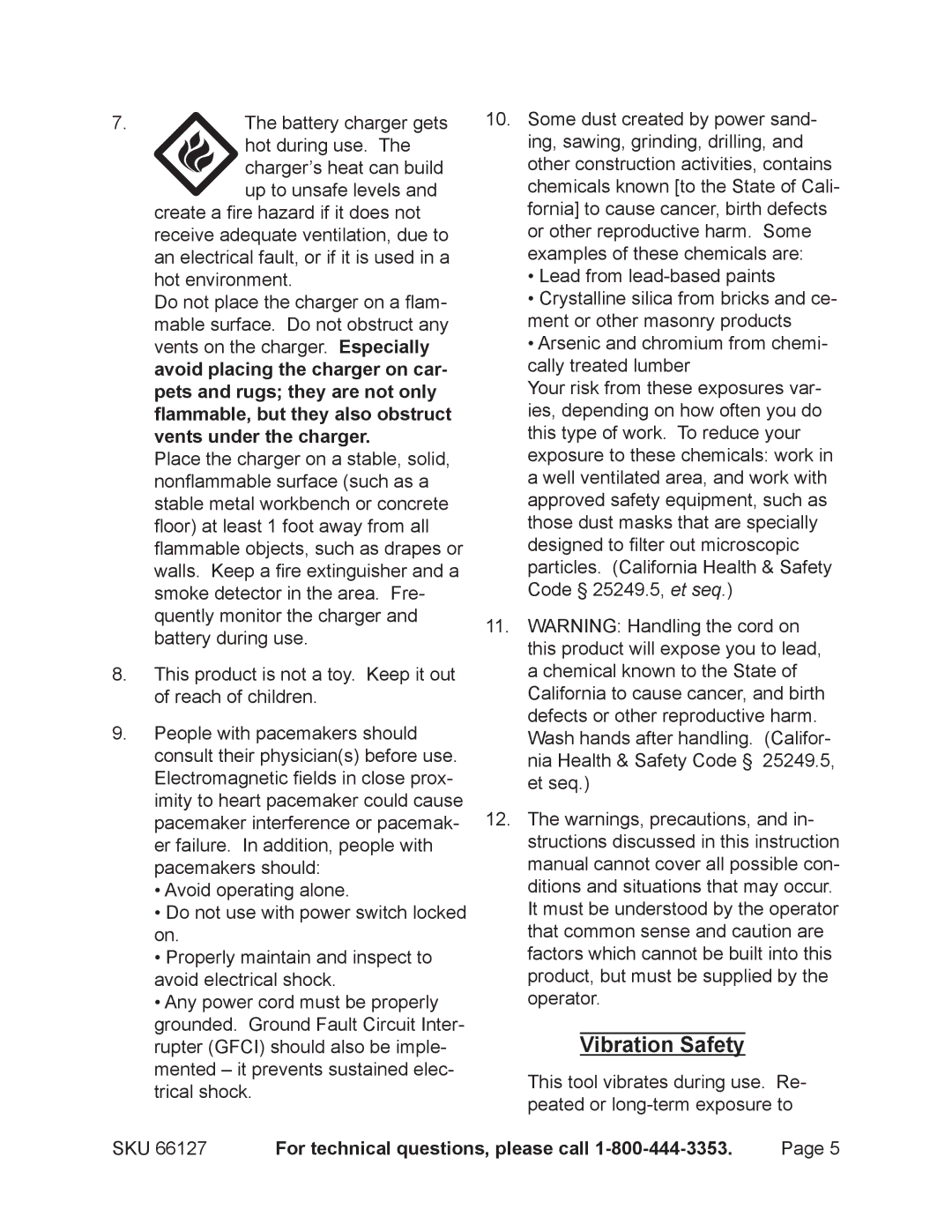 Chicago Electric 66127 operating instructions Vibration Safety 