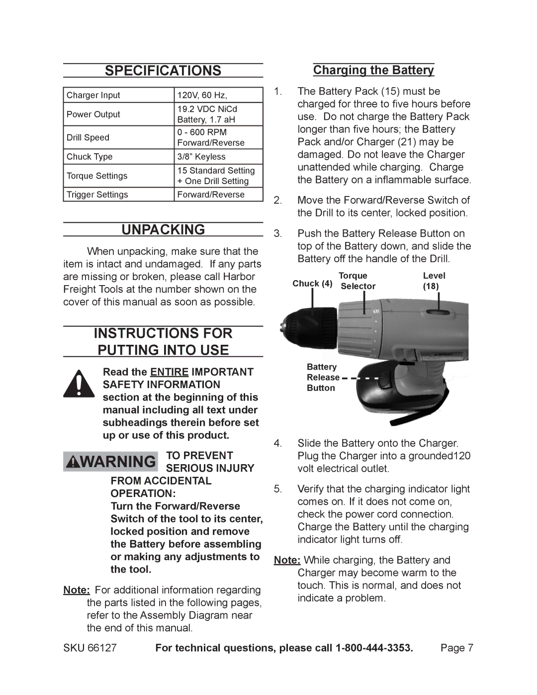 Chicago Electric 66127 Specifications, Unpacking, Instructions for putting into use, Charging the Battery 