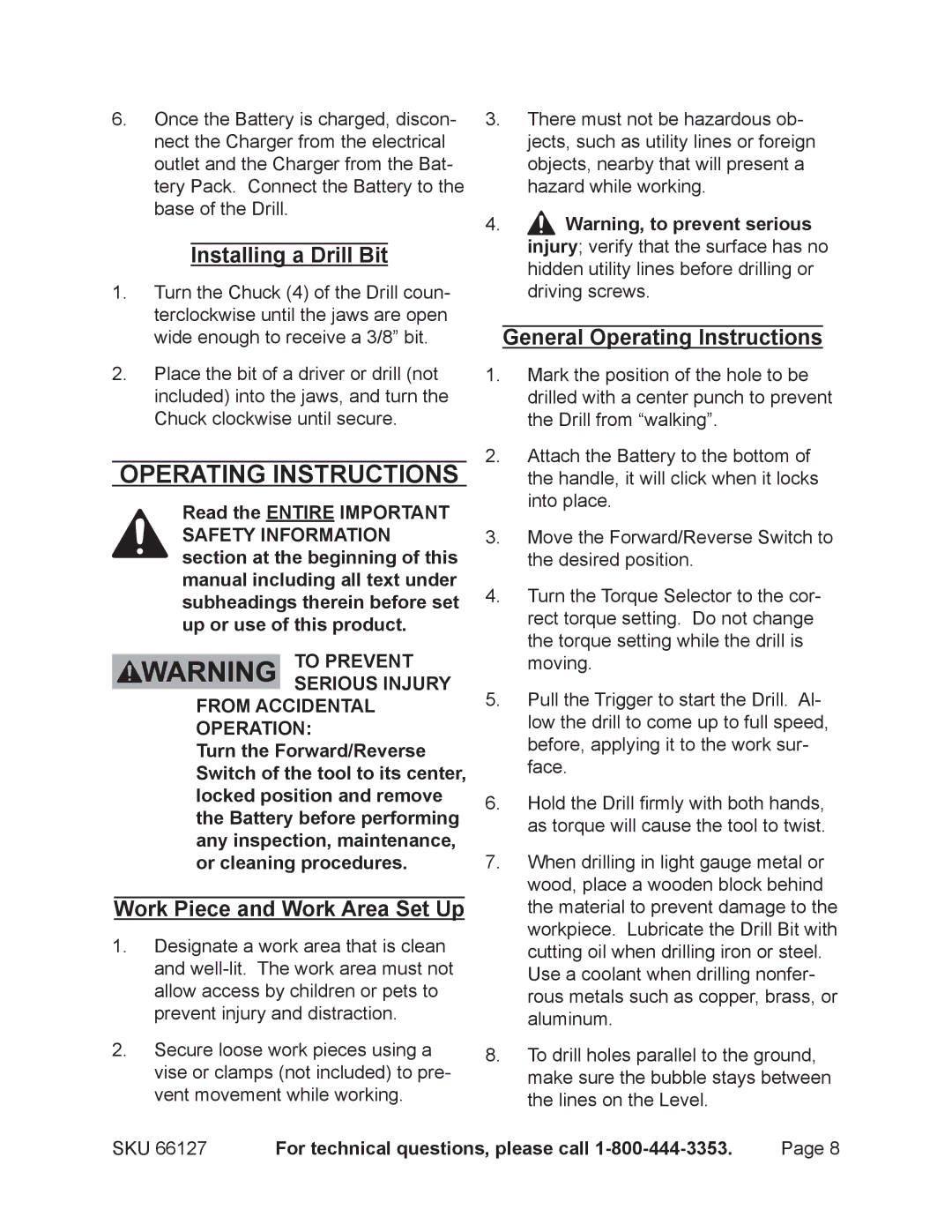 Chicago Electric 66127 Operating Instructions, Installing a Drill Bit, Work Piece and Work Area Set Up 