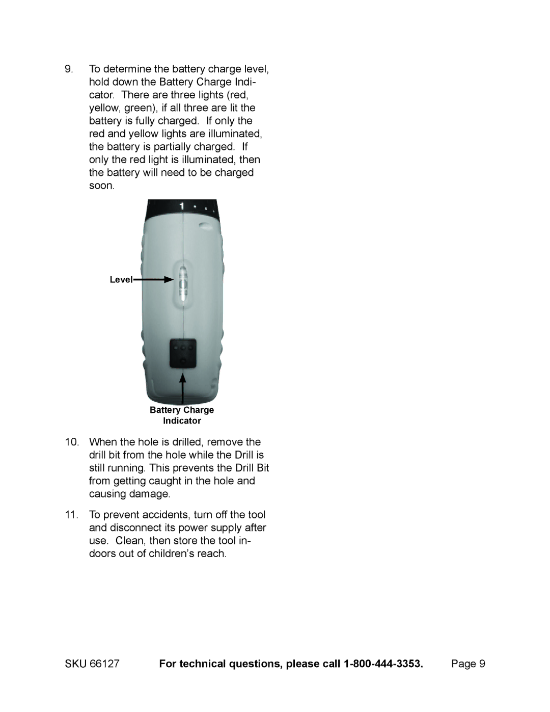 Chicago Electric 66127 operating instructions Level Battery Charge Indicator 