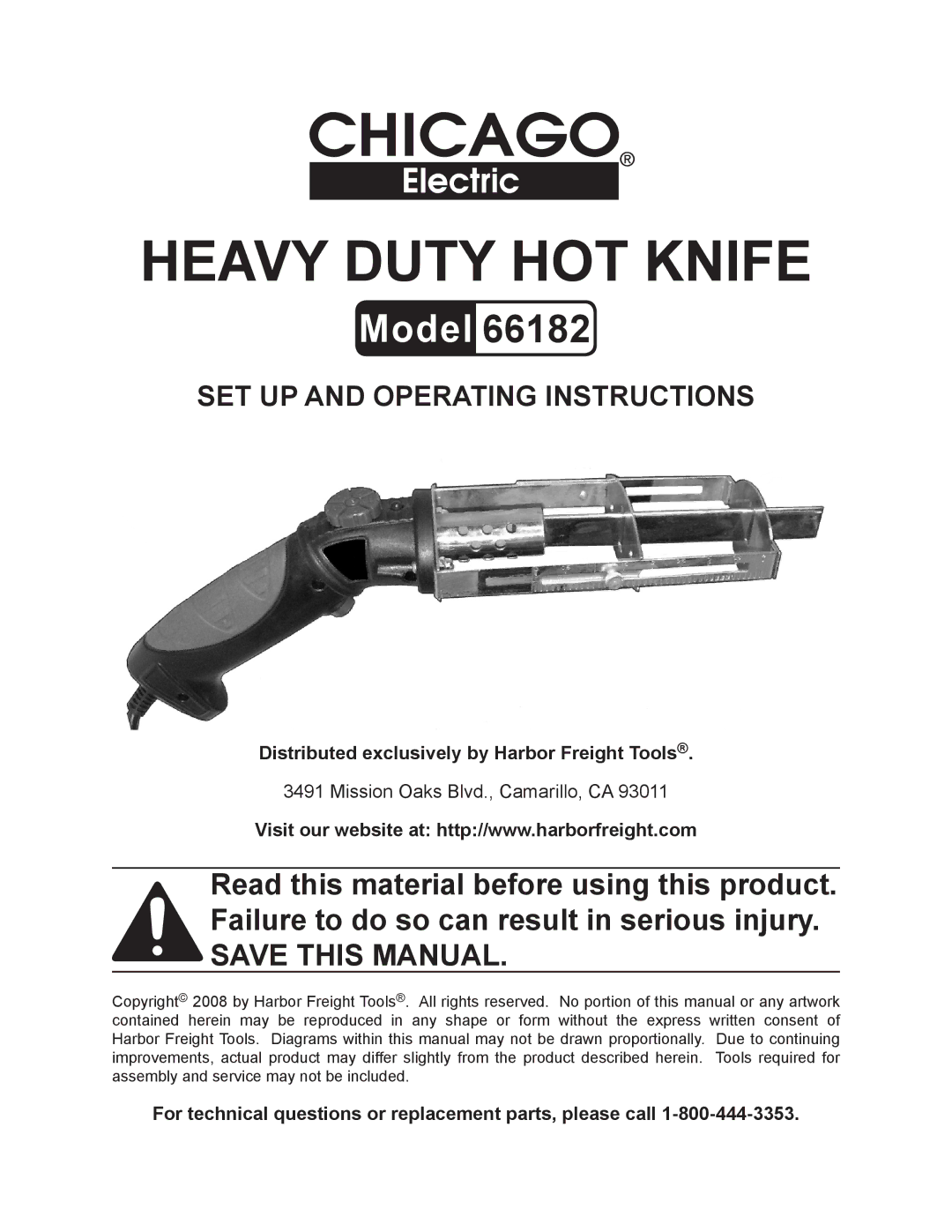 Chicago Electric 66182 operating instructions Heavy Duty HOT Knife 