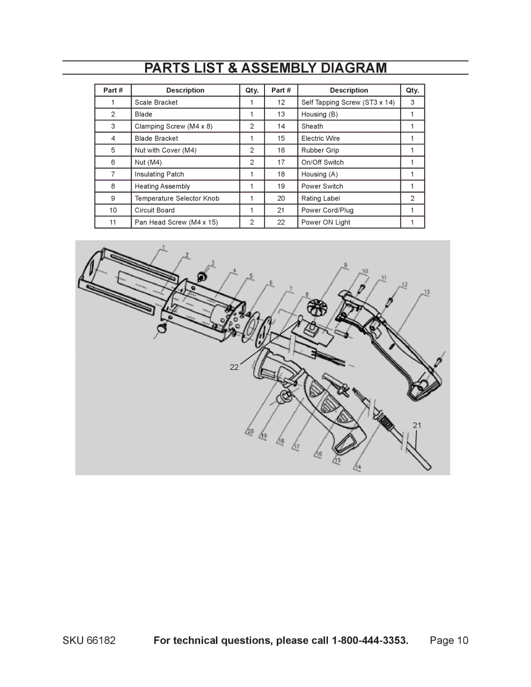 Chicago Electric 66182 operating instructions Parts List & Assembly Diagram, Description Qty 