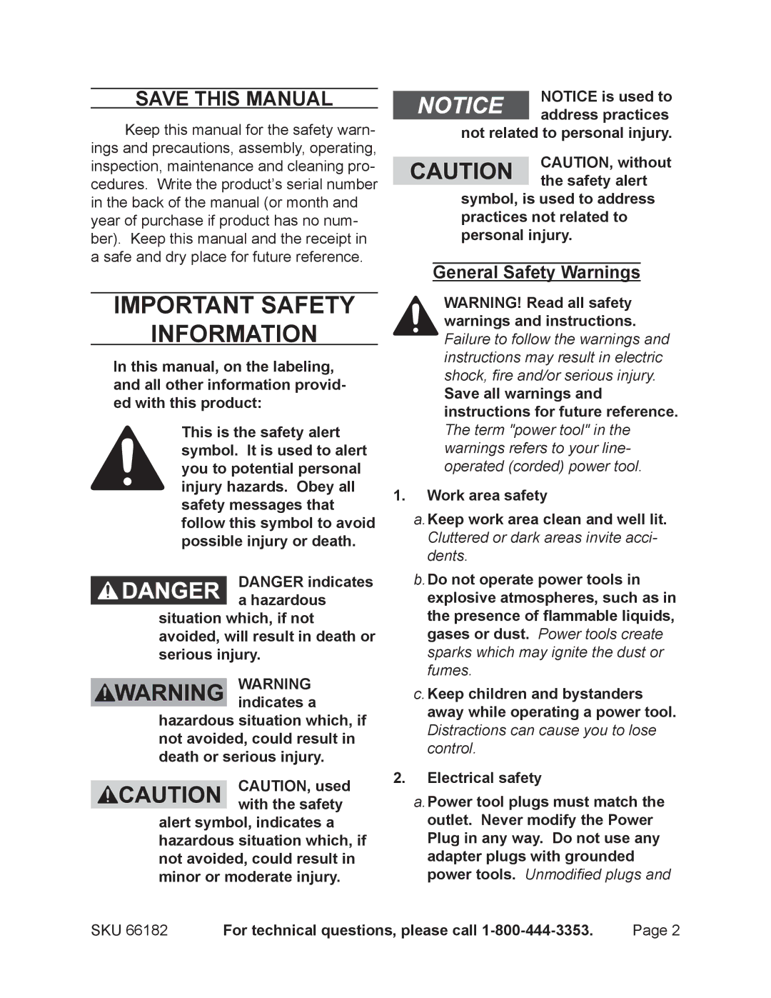 Chicago Electric 66182 operating instructions Save This Manual, General Safety Warnings 