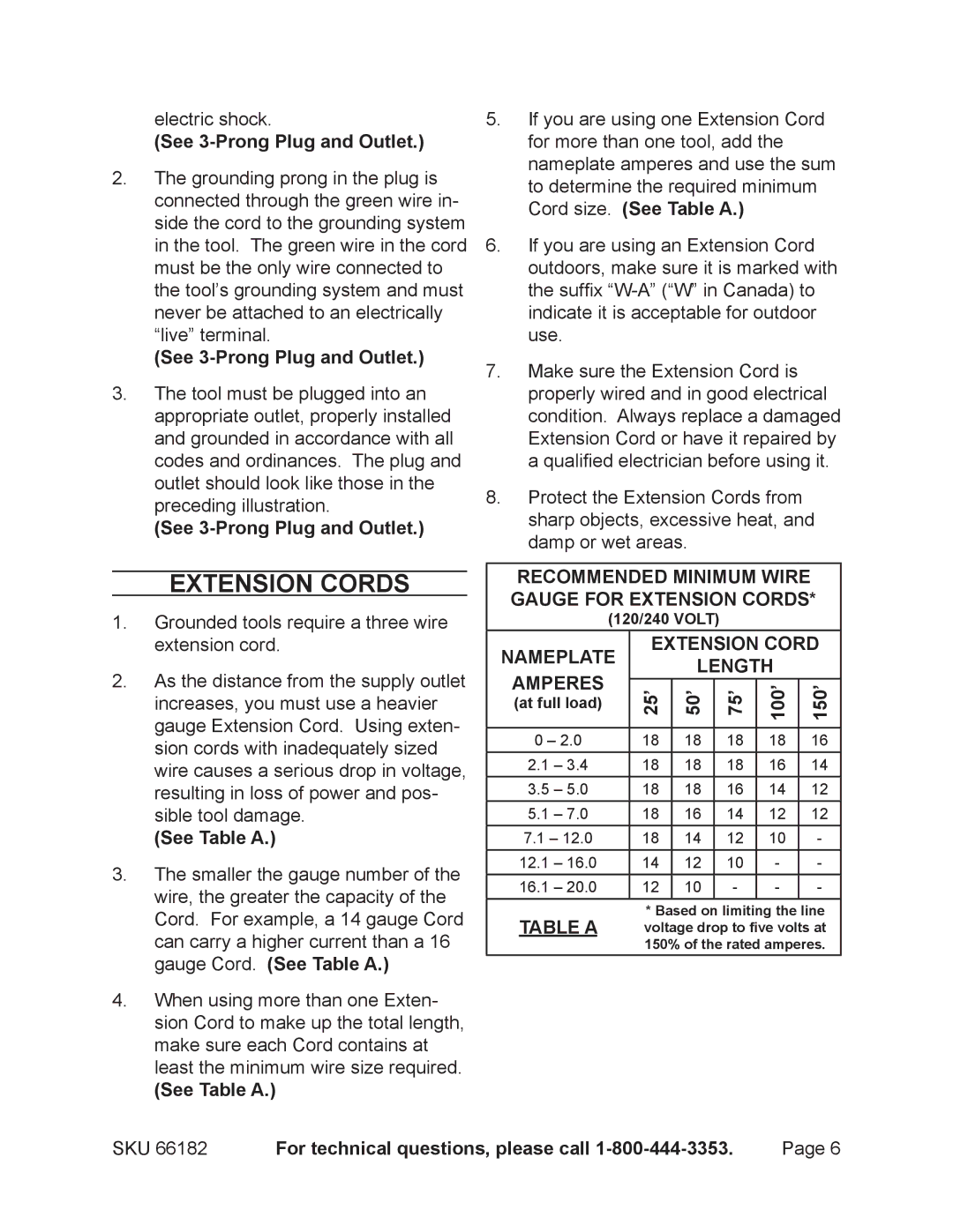 Chicago Electric 66182 operating instructions Extension Cords, See 3-Prong Plug and Outlet 