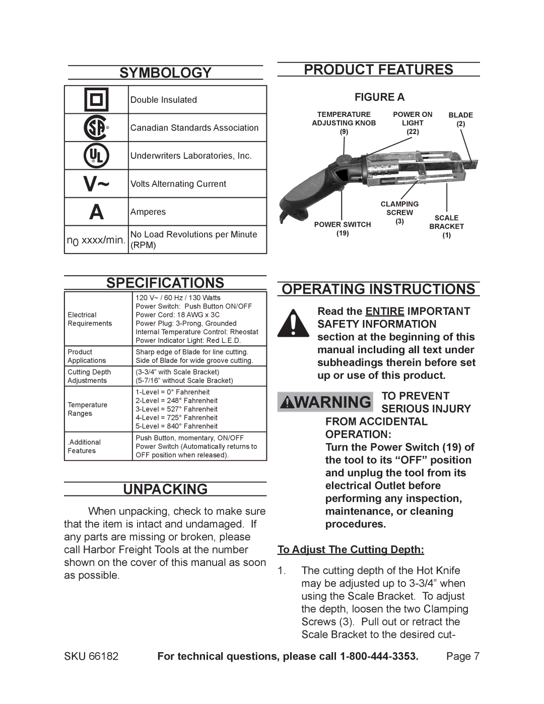 Chicago Electric 66182 Symbology, Product Features, Specifications, Unpacking, Operating Instructions 