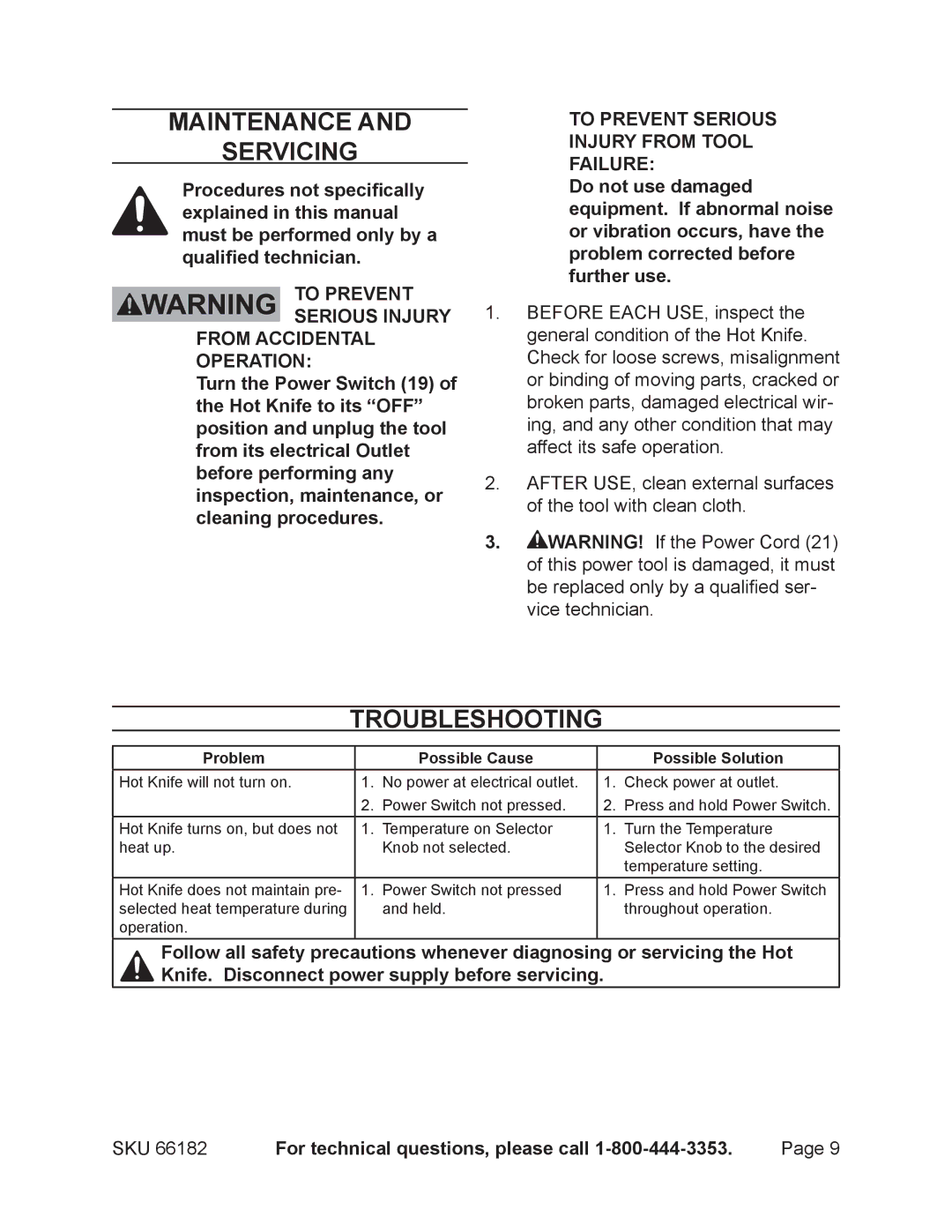 Chicago Electric 66182 operating instructions Maintenance Servicing, Troubleshooting 