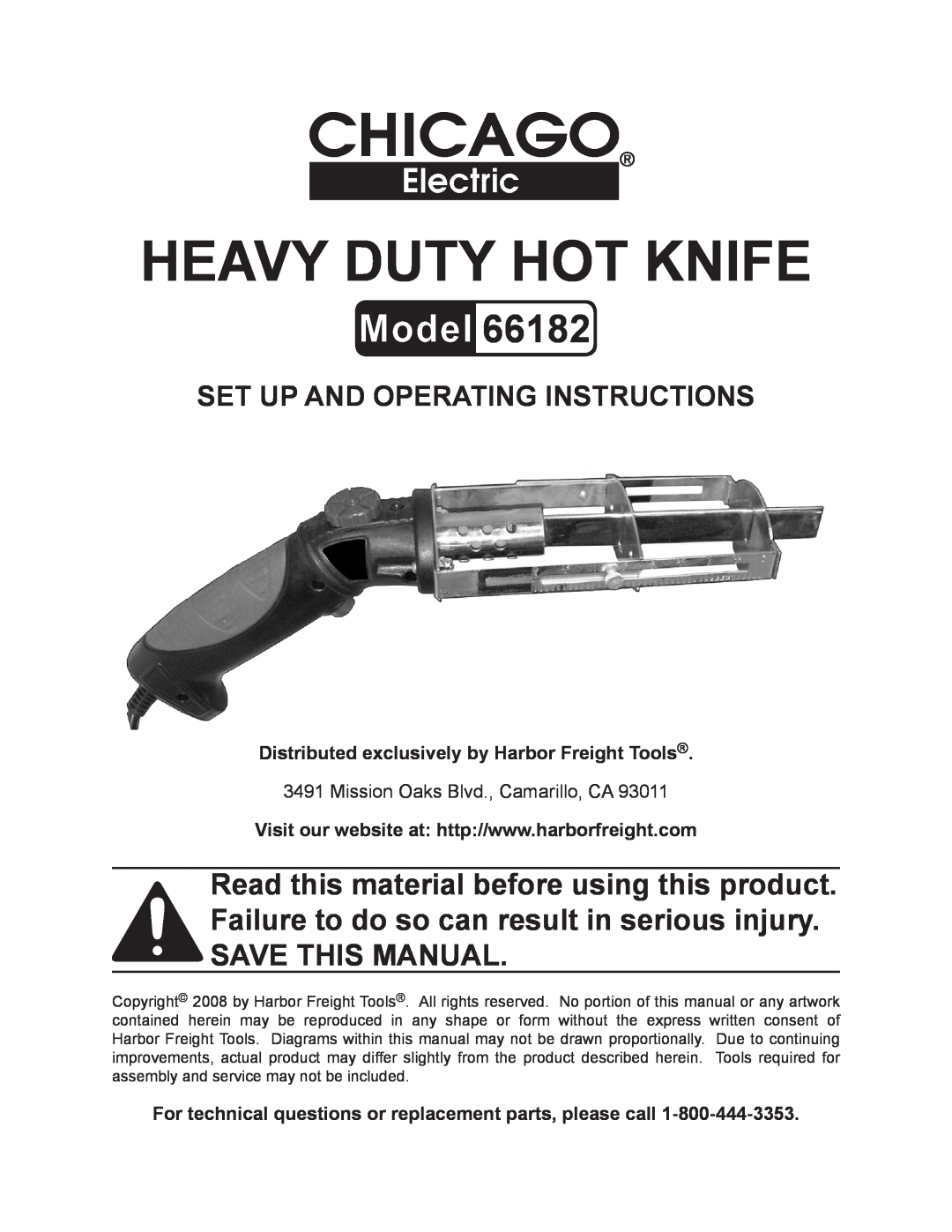 Chicago Electric 66182 operating instructions Heavy Duty Hot Knife, Set up and Operating Instructions 