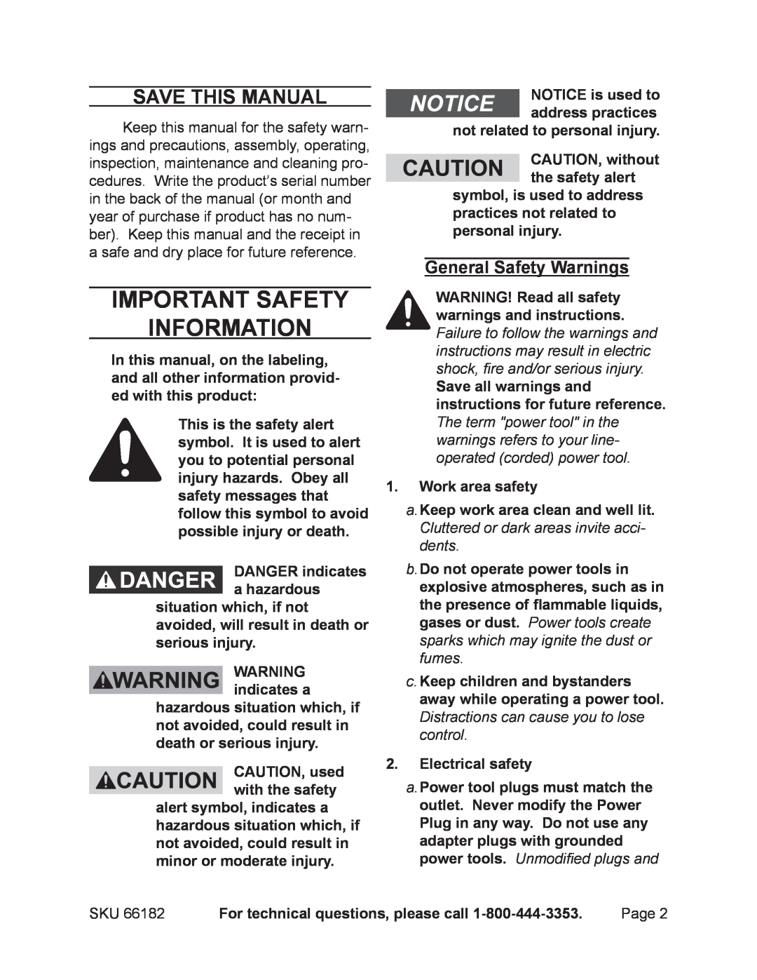 Chicago Electric 66182 operating instructions Important SAFETY Information, Save This Manual, General Safety Warnings 