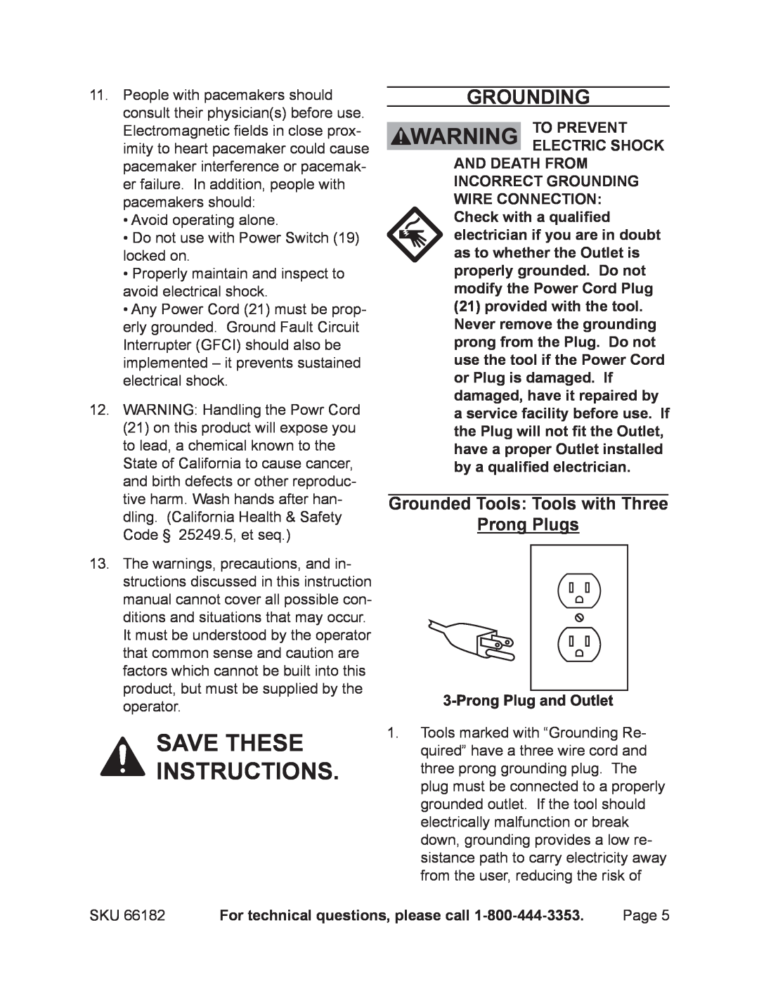 Chicago Electric 66182 Save these instructions, Grounding, Grounded Tools Tools with Three Prong Plugs 