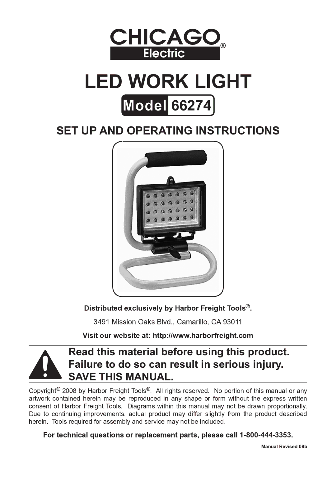 Chicago Electric 66274 operating instructions Distributed exclusively by Harbor Freight Tools 