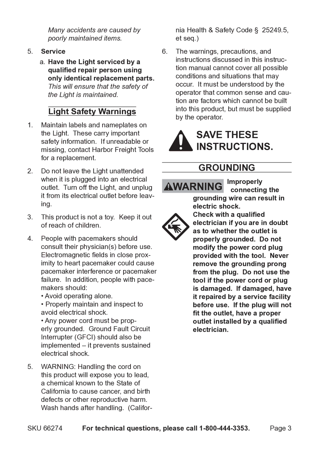 Chicago Electric 66274 operating instructions Grounding, Light Safety Warnings 