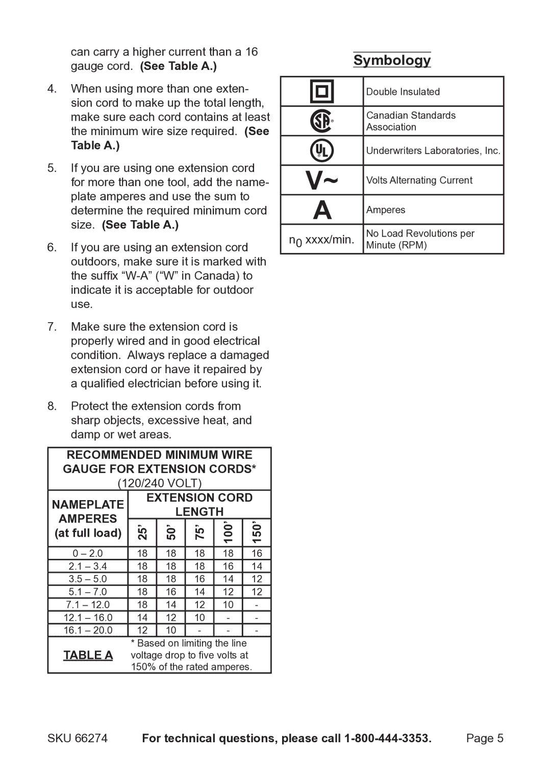 Chicago Electric 66274 operating instructions Symbology, Table a, 25’ 50’ 75’, At full load 