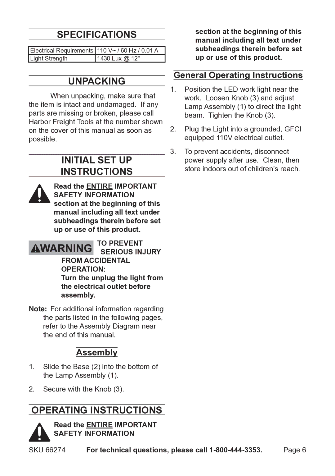 Chicago Electric 66274 Specifications, Unpacking, Initial Set Up Instructions, Operating Instructions 