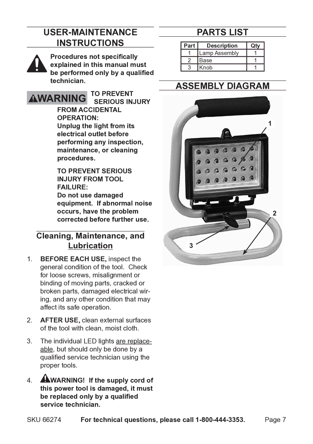 Chicago Electric 66274 operating instructions User-Maintenance Instructions, Cleaning, Maintenance, Lubrication 