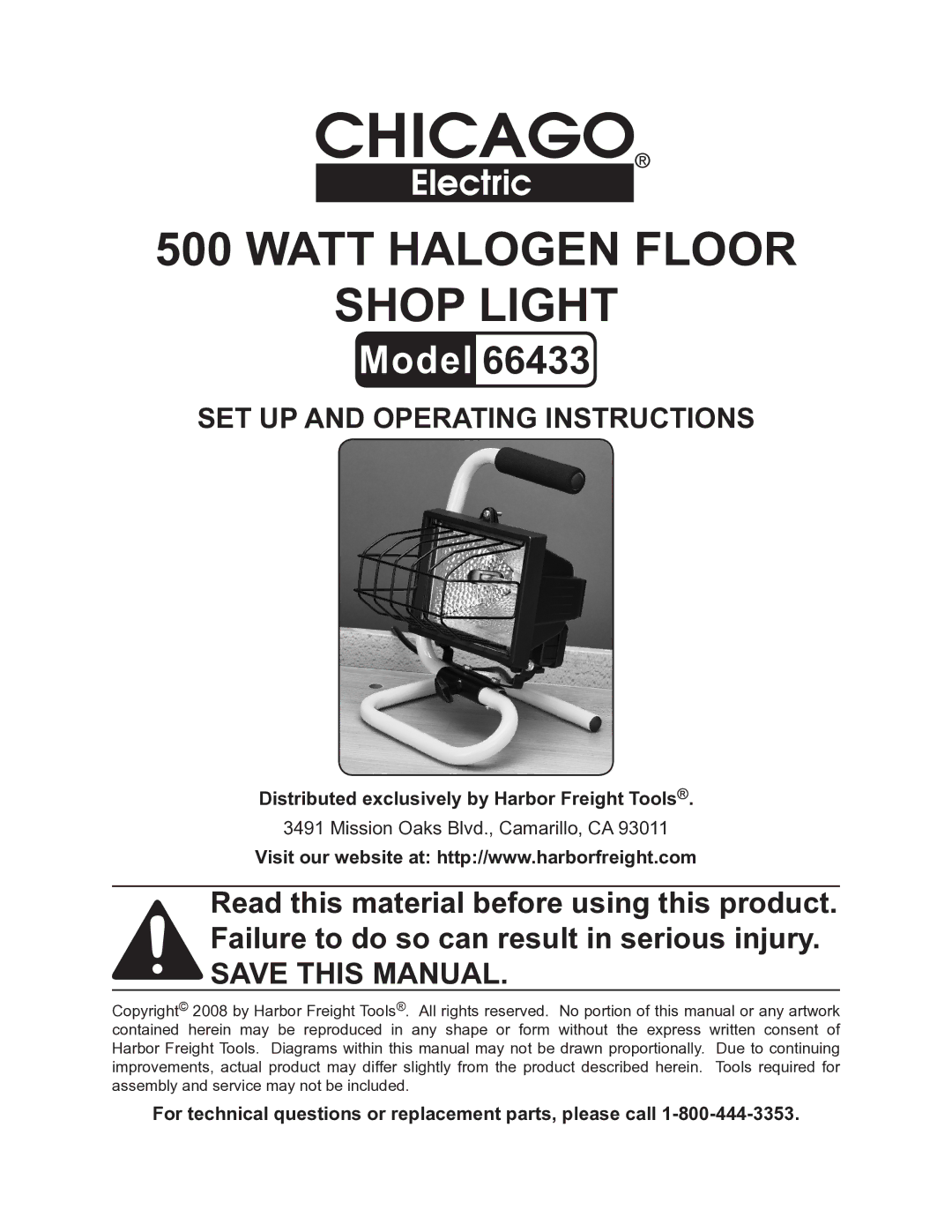 Chicago Electric 66433 operating instructions Distributed exclusively by Harbor Freight Tools 