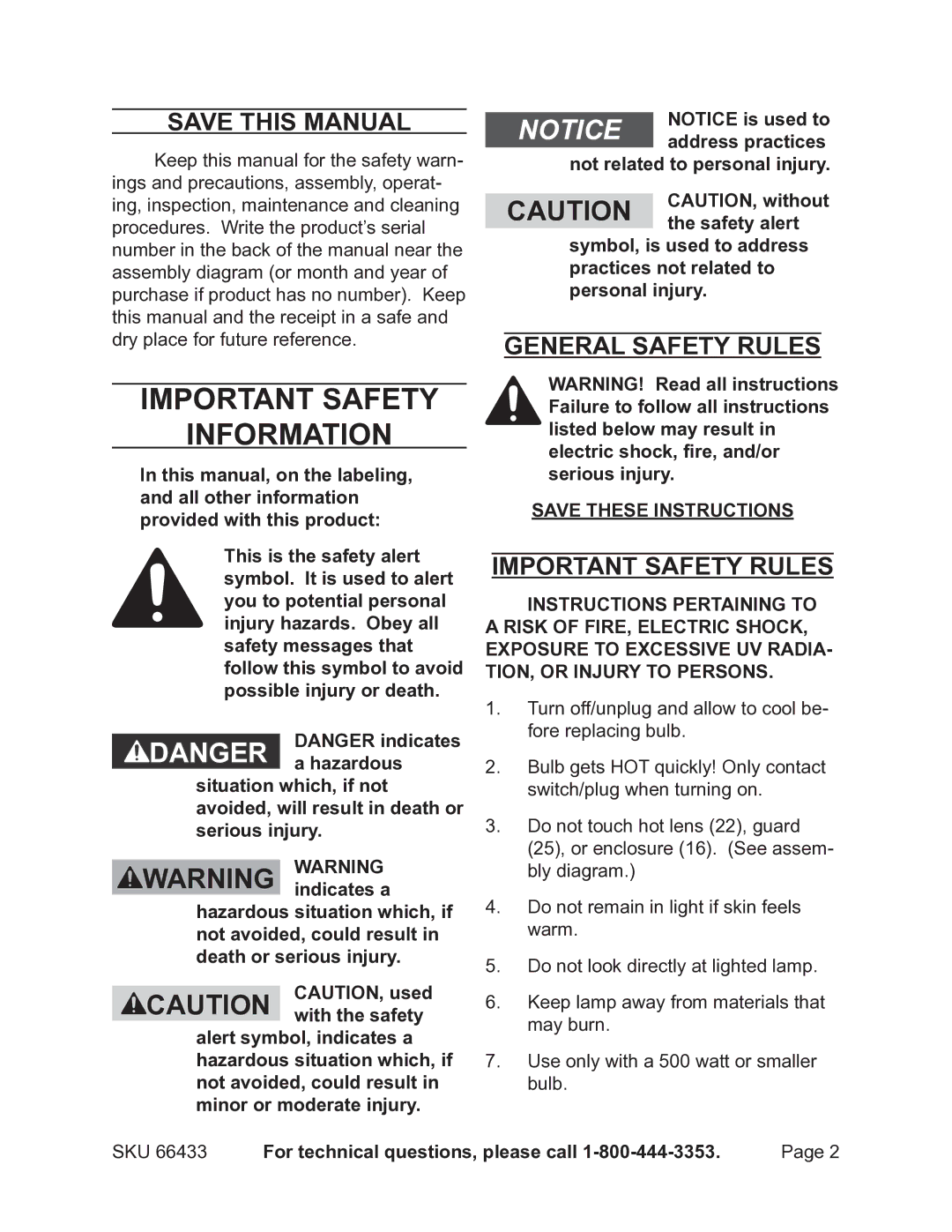 Chicago Electric 66433 Save This Manual, General Safety Rules Important Safety rules, For technical questions, please call 