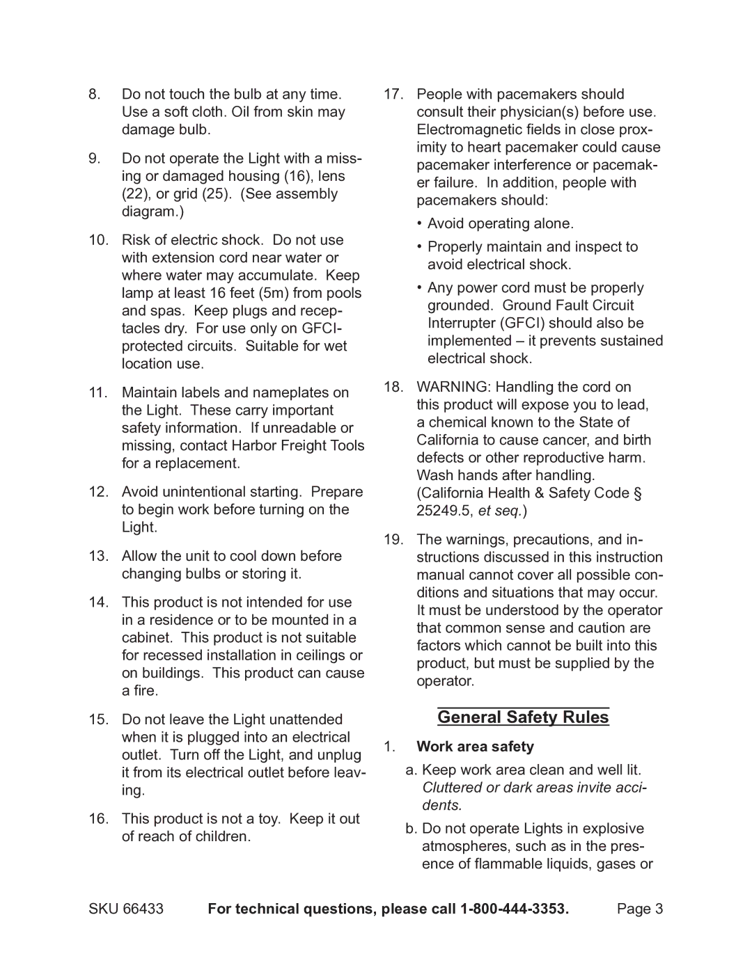 Chicago Electric 66433 operating instructions General Safety Rules, Work area safety 