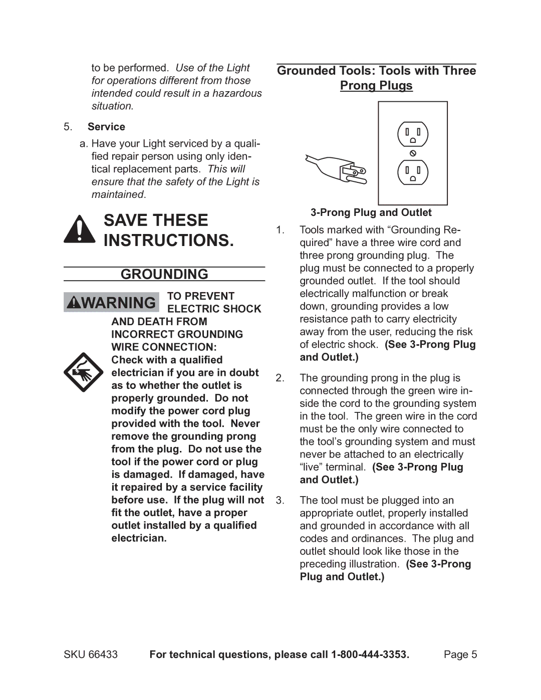 Chicago Electric 66433 Grounding, Grounded Tools Tools with Three Prong Plugs, Service, Prong Plug and Outlet 