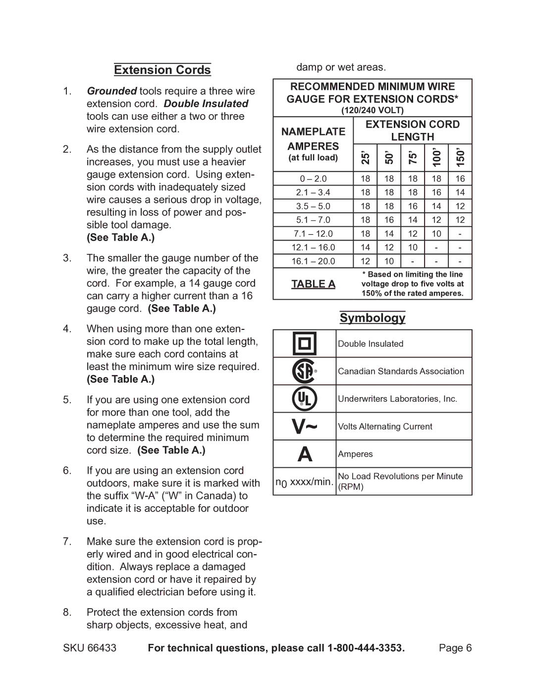 Chicago Electric 66433 operating instructions Extension Cords, Symbology, See Table a, 25’ 50’ 75’ 