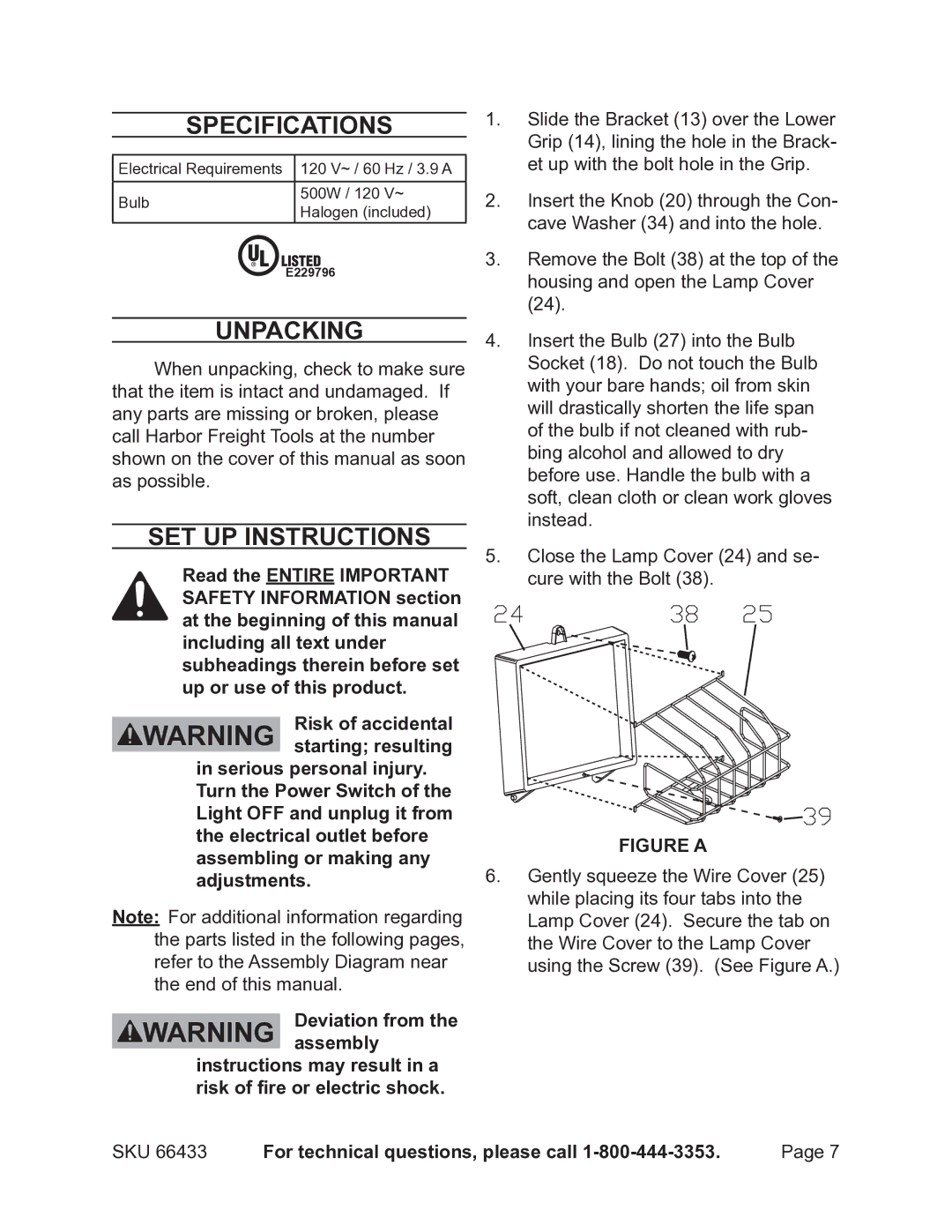 Chicago Electric 66433 operating instructions Specifications, Unpacking, Set Up Instructions 